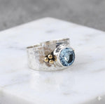 Hammered Sterling Silver Blue Topaz Ring, Gold Accents, Wide Band Statement Jewelry