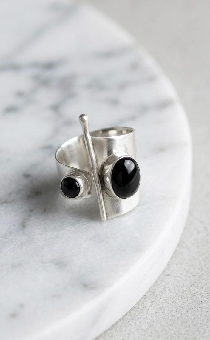 Handmade Silver Open Ring, Black Onyx Stone, Adjustable Statement, Modern Geometric Jewelry