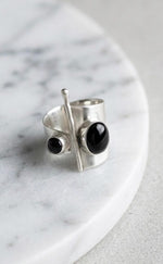 Handmade Silver Open Ring, Black Onyx Stone, Adjustable Statement, Modern Geometric Jewelry