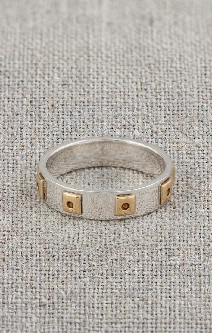 Two-Tone Sterling Silver Geometric Band Ring, Mixed Metal Square Accents, Modern Unisex Wedding Band