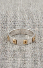 Two-Tone Sterling Silver Geometric Band Ring, Mixed Metal Square Accents, Modern Unisex Wedding Band