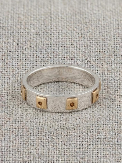 Two-Tone Sterling Silver Geometric Band Ring, Mixed Metal Square Accents, Modern Unisex Wedding Band