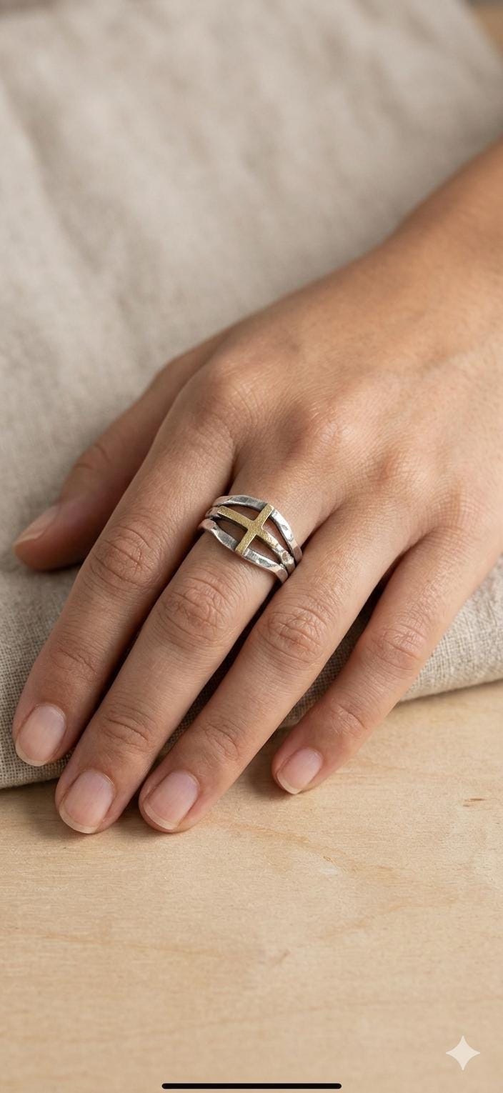 Two-Tone Gold Cross Sterling Silver Ring, Minimalist Faith Jewelry
