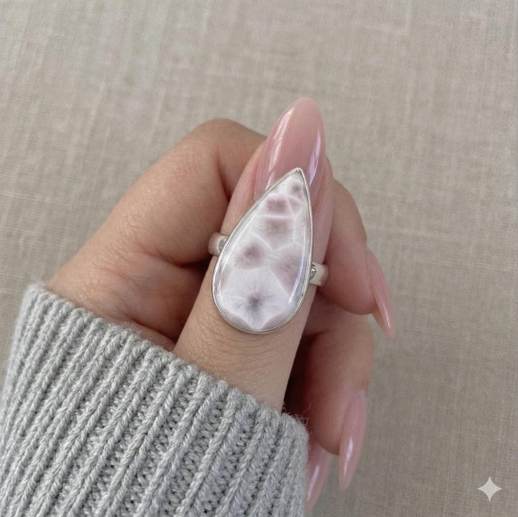 Pink Larimar Teardrop Ring, 925 Sterling Silver, Pear Gemstone, Boho Statement Jewelry