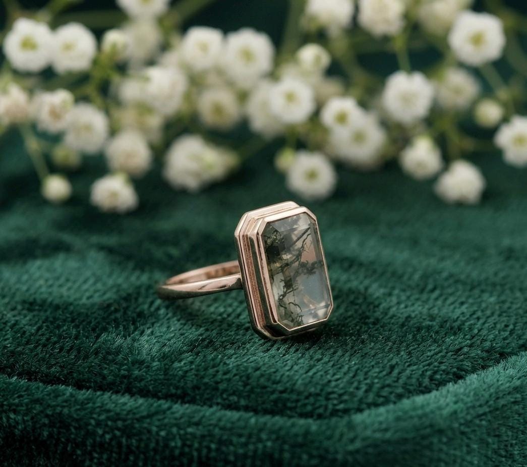 Moss Agate Hexagon Ring, Rose Gold Bezel, Sterling Silver, Nature Inspired Jewelry