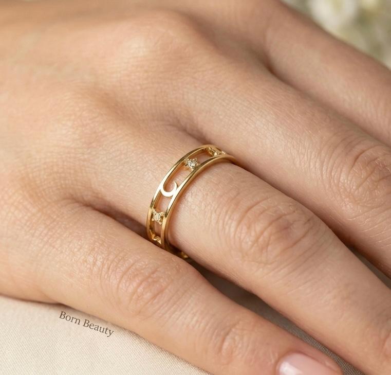 Celestial Moon Star Cut-Out Band – 925 Sterling Silver, Gold, Rose Gold Stacking
