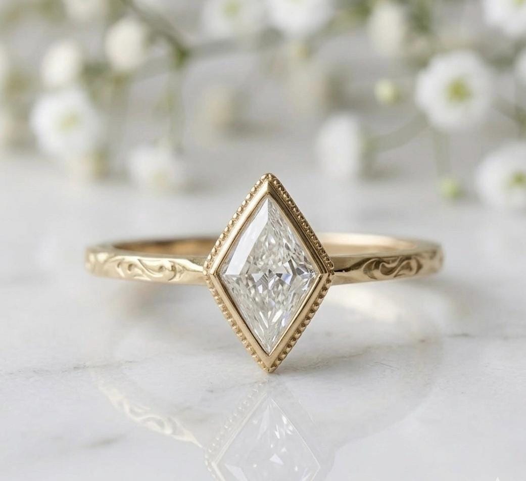 Kite Cut Moissanite Ring, Vintage Art Deco Bezel Setting With Milgrain, Hand-Engraved Band, Geometric Bridal Promise Ring
