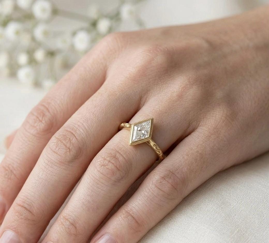 Kite Cut Moissanite Ring, Vintage Art Deco Bezel Setting With Milgrain, Hand-Engraved Band, Geometric Bridal Promise Ring