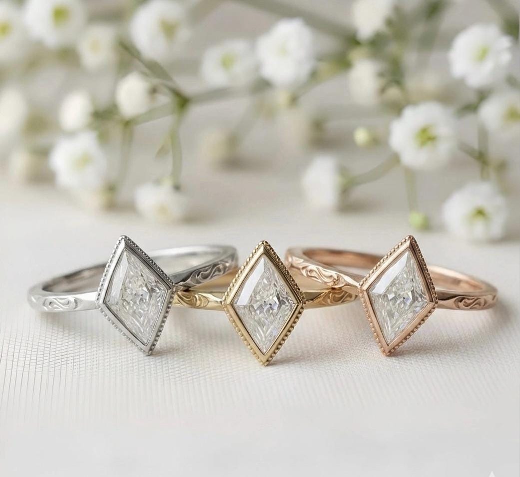 Kite Cut Moissanite Ring, Vintage Art Deco Bezel Setting With Milgrain, Hand-Engraved Band, Geometric Bridal Promise Ring