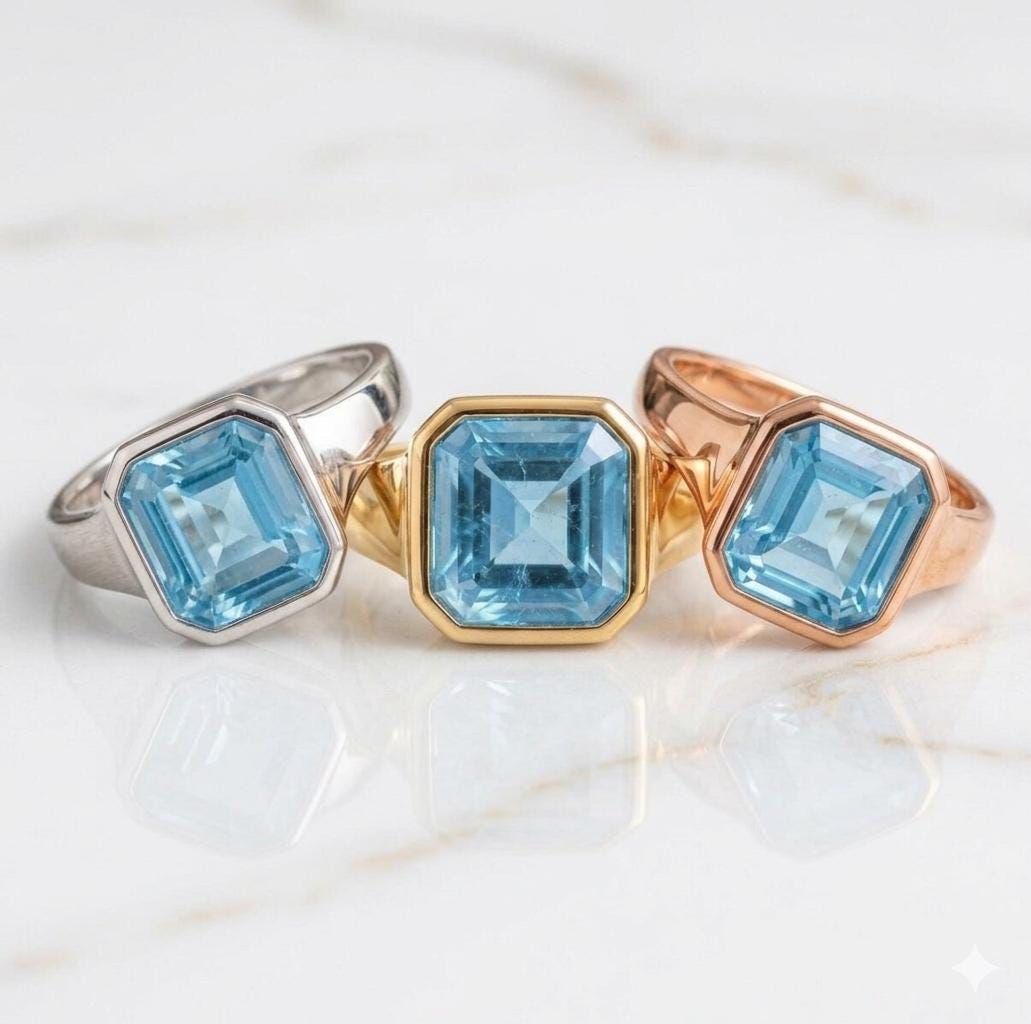 Emerald Cut Aquamarine Signet Ring, Yellow Gold Bezel Setting, March Birthstone Jewelry