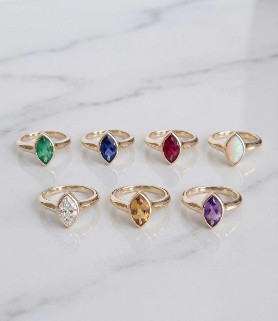 Marquise Moissanite Ring, Bezel Set, Tapered Band, 14K Yellow Gold Bridal Ring