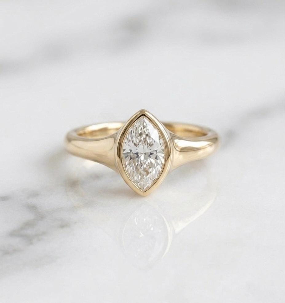 Marquise Moissanite Ring, Bezel Set, Tapered Band, 14K Yellow Gold Bridal Ring