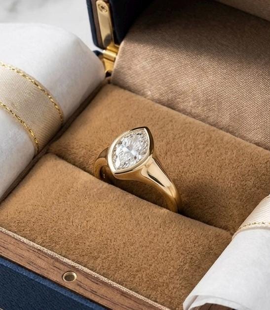 Marquise Moissanite Ring, Bezel Set, Tapered Band, 14K Yellow Gold Bridal Ring