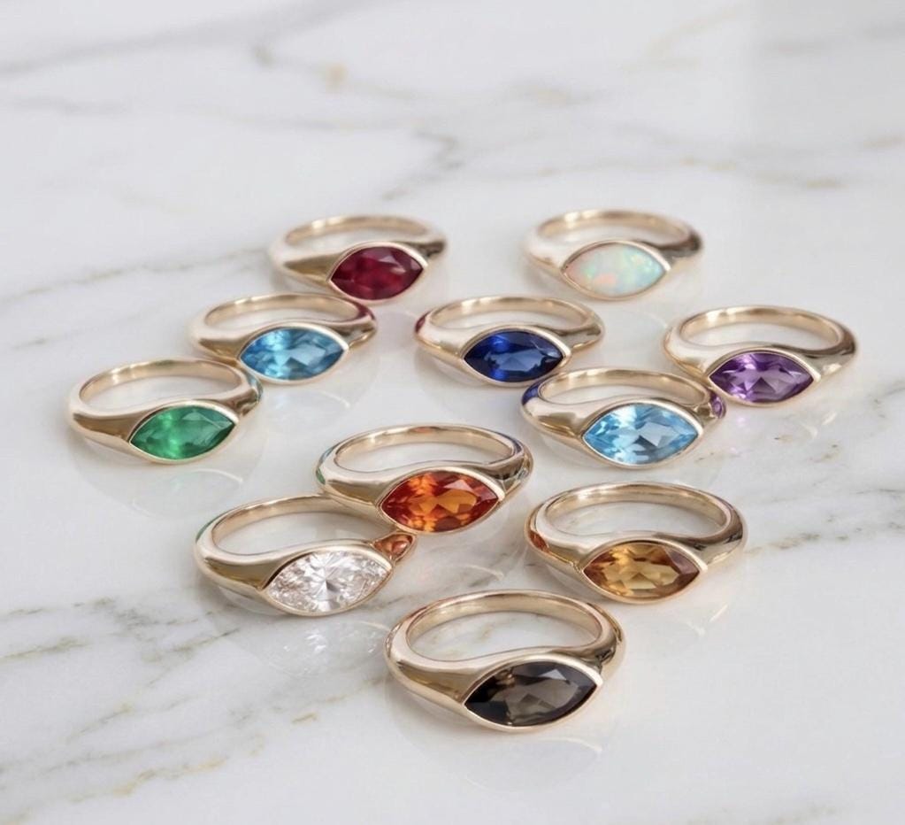 Marquise Moissanite Ring, 14K Yellow Gold Bezel Set, Minimalist Tapered Band Bridal Statement Ring