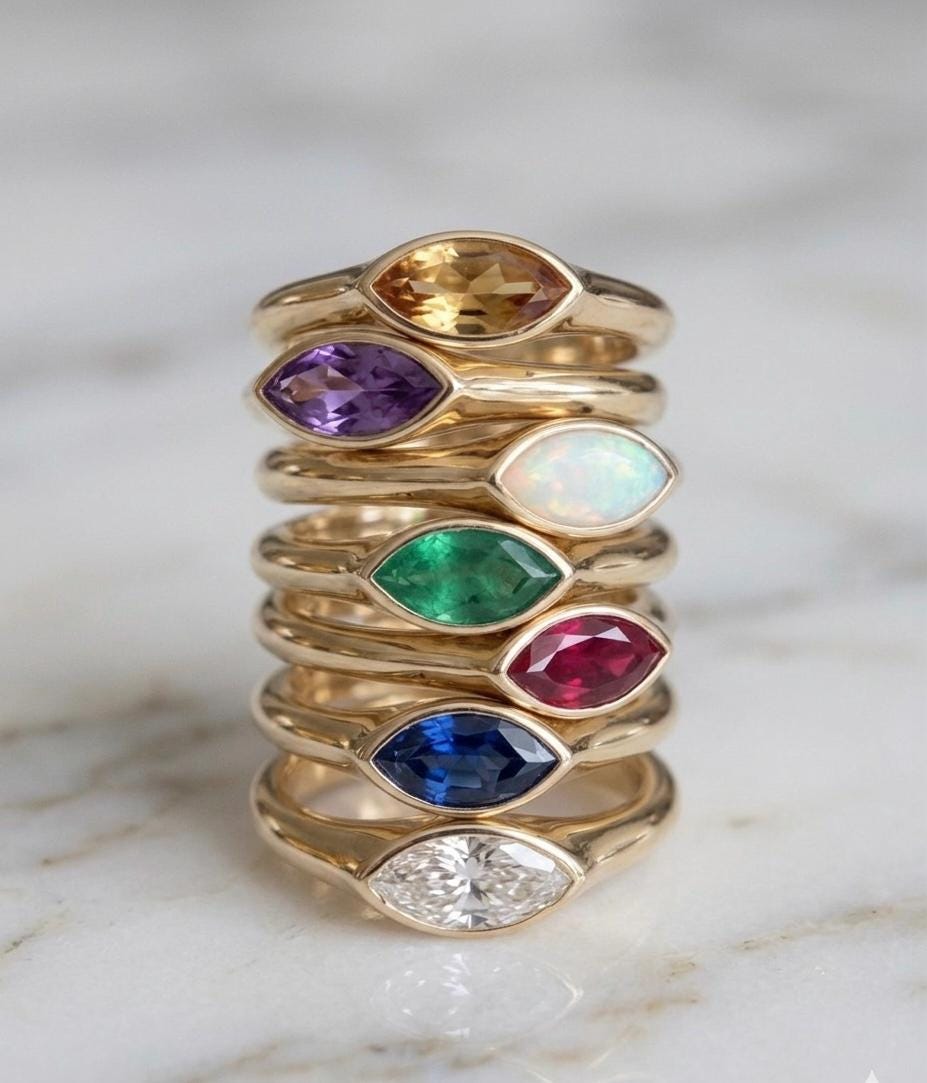Marquise Moissanite Ring, 14K Yellow Gold Bezel Set, Minimalist Tapered Band Bridal Statement Ring
