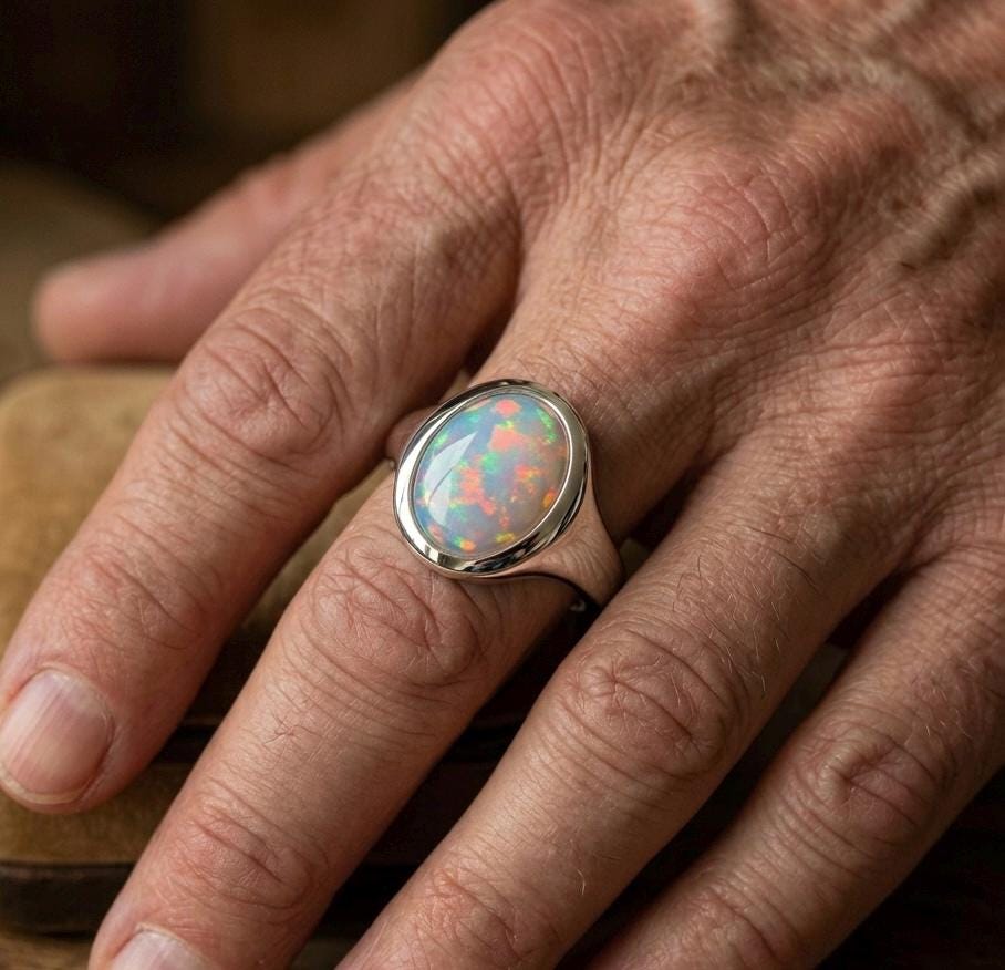 Oval Ethiopian Opal Signet Ring, 925 Sterling Silver Statement Band, October Birthstone Jewelry