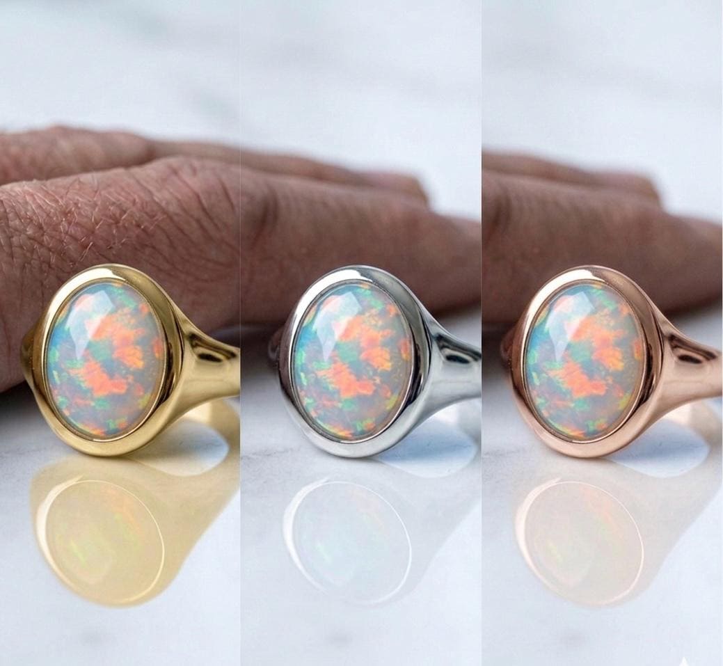 Oval Ethiopian Opal Signet Ring, 925 Sterling Silver Statement Band, October Birthstone Jewelry