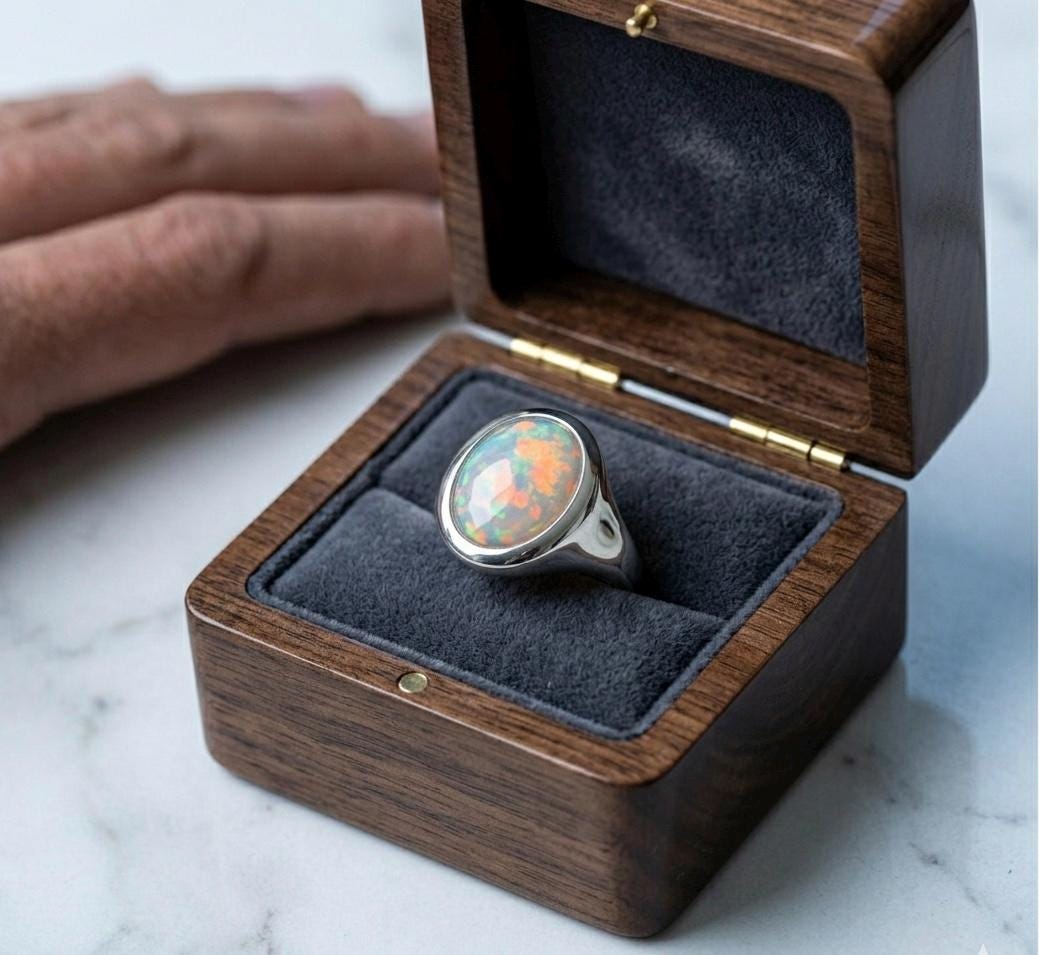 Oval Ethiopian Opal Signet Ring, 925 Sterling Silver Statement Band, October Birthstone Jewelry