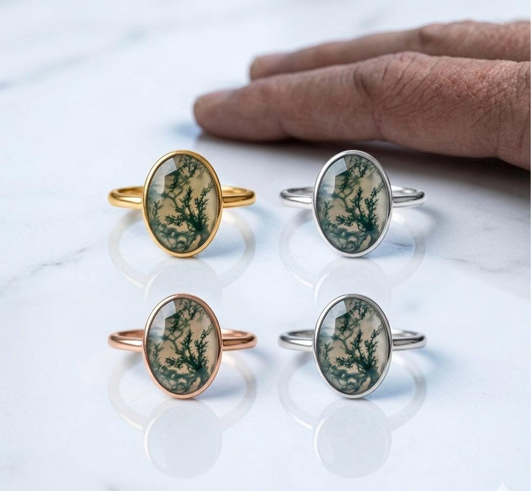 Natural Moss Agate Ring, Oval Faceted Sterling Silver Statement, Nature Inspired Boho Jewelry