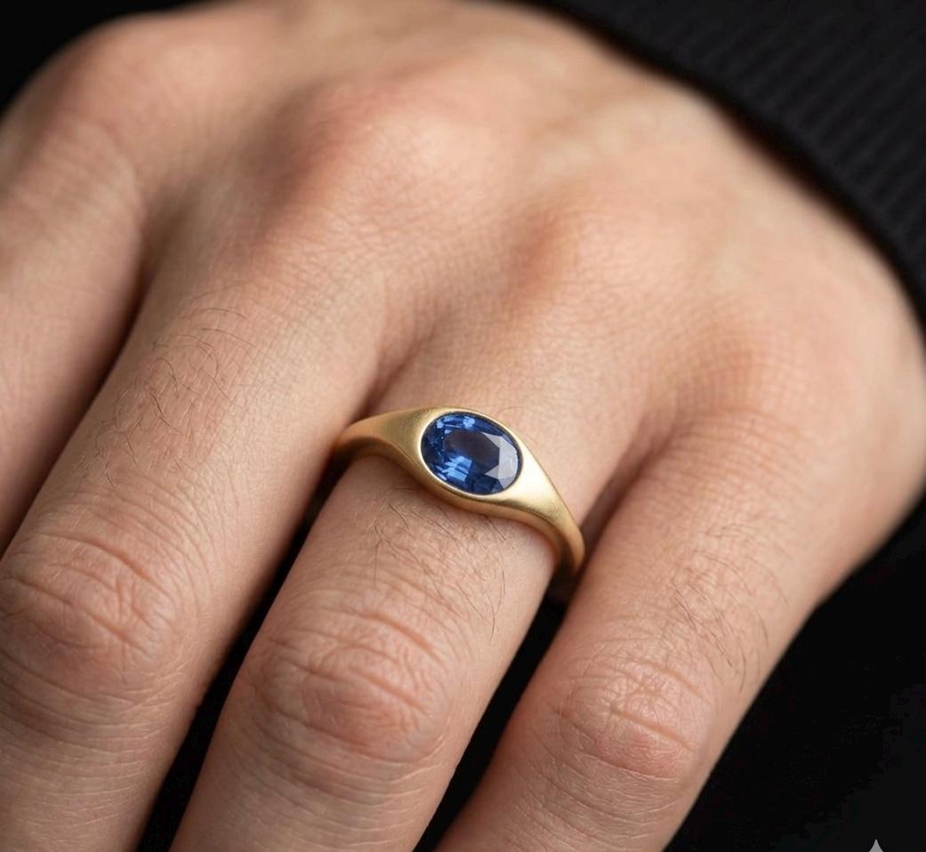 Oval Blue Sapphire Bezel Ring, 925 Sterling Silver, Minimalist Signet Band, September Birthstone Solitaire