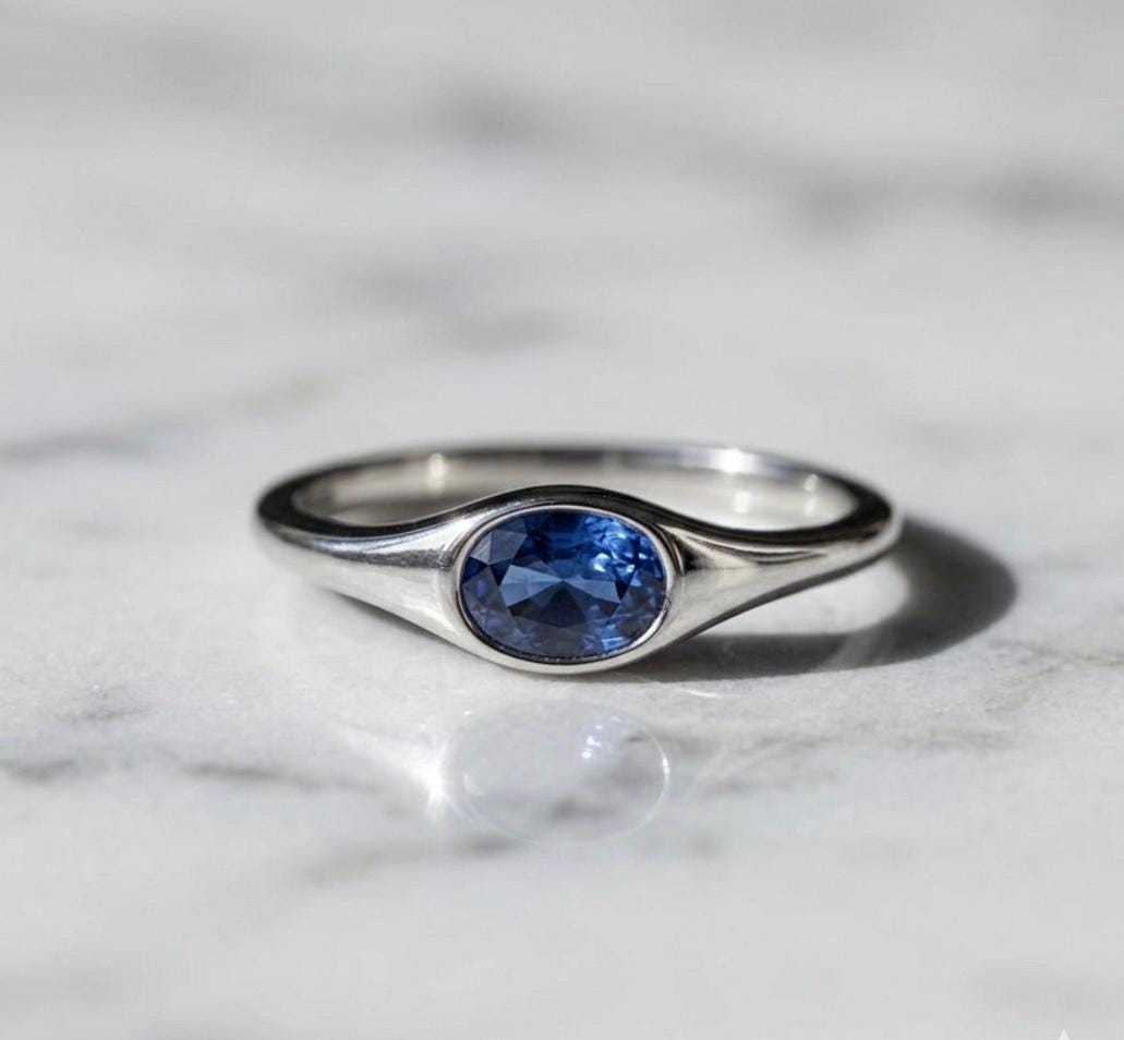 Oval Blue Sapphire Bezel Ring, 925 Sterling Silver, Minimalist Signet Band, September Birthstone Solitaire