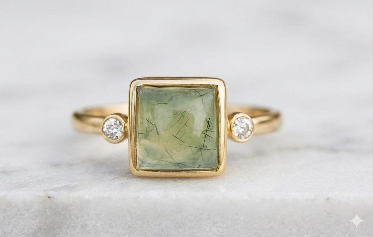 Natural Prehnite Three Stone Ring, Bezel Set Sterling Silver, Minimalist Jewelry