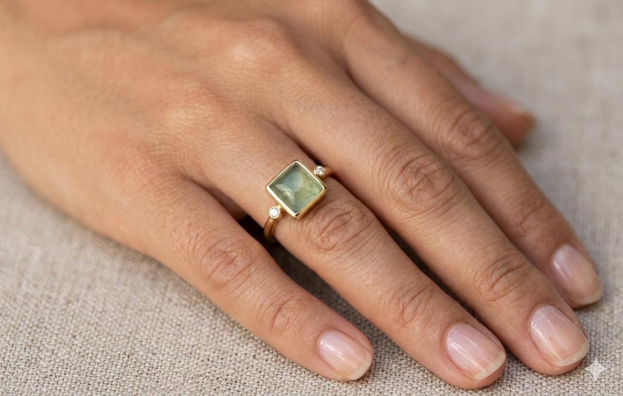 Natural Prehnite Three Stone Ring, Bezel Set Sterling Silver, Minimalist Jewelry