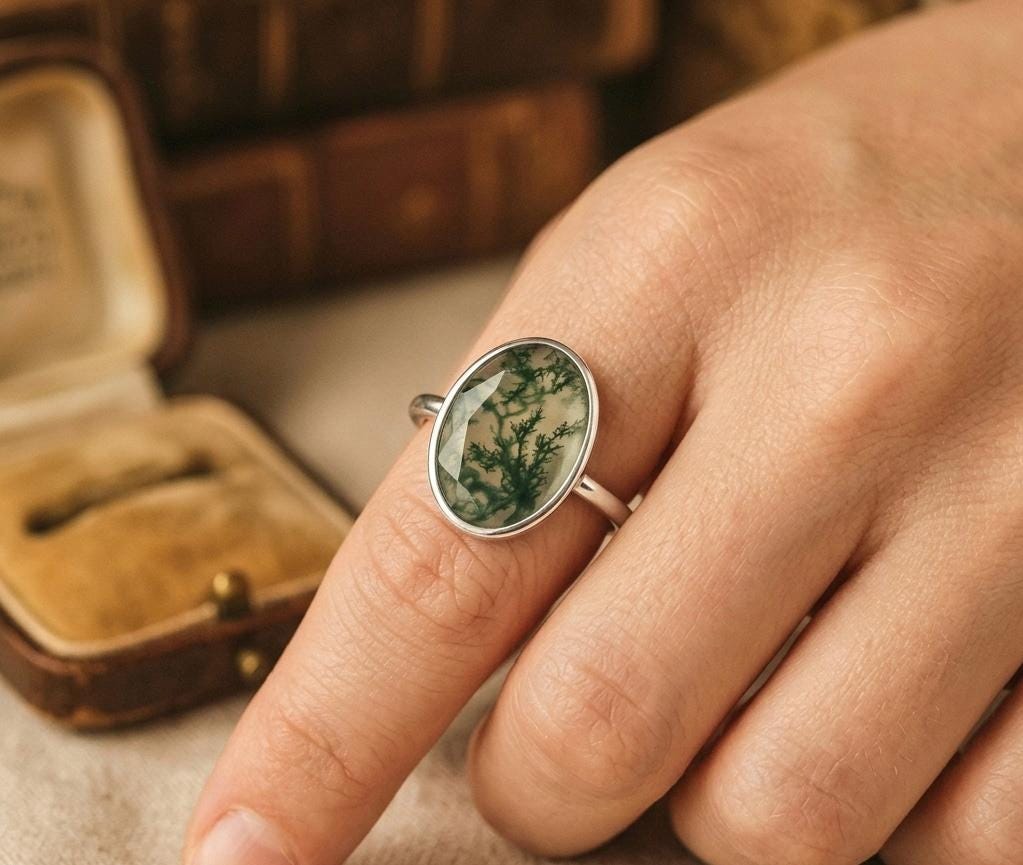 Natural Moss Agate Ring, Oval Faceted Sterling Silver Statement, Nature Inspired Boho Jewelry