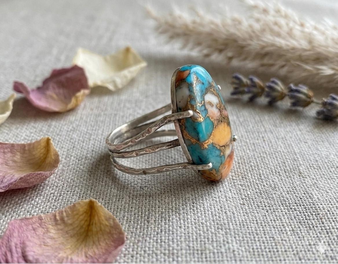 Oyster Turquoise Sterling Silver Ring, Oval Prong Setting Southwestern Statement Piece
