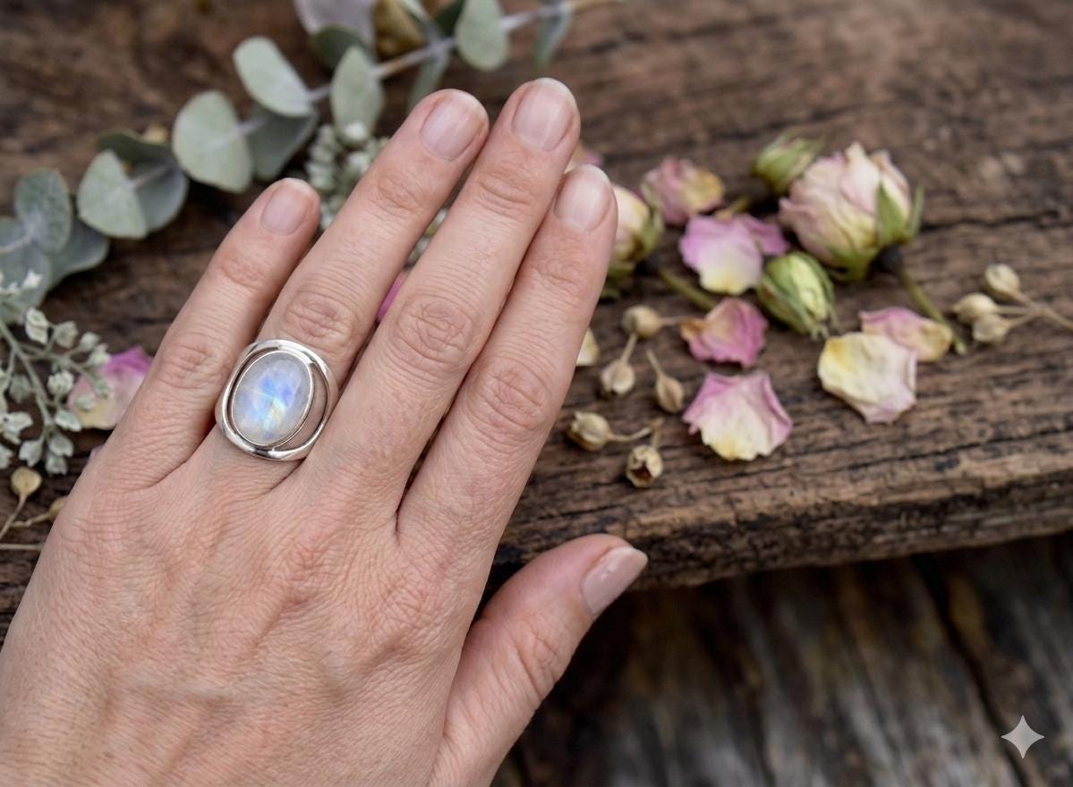 Blue Fire Moonstone Sterling Silver Ring, Oval Cut Boho Statement Band