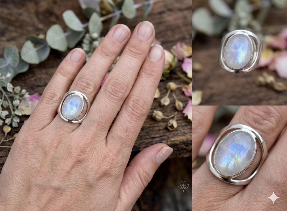 Blue Fire Moonstone Sterling Silver Ring, Oval Cut Boho Statement Band