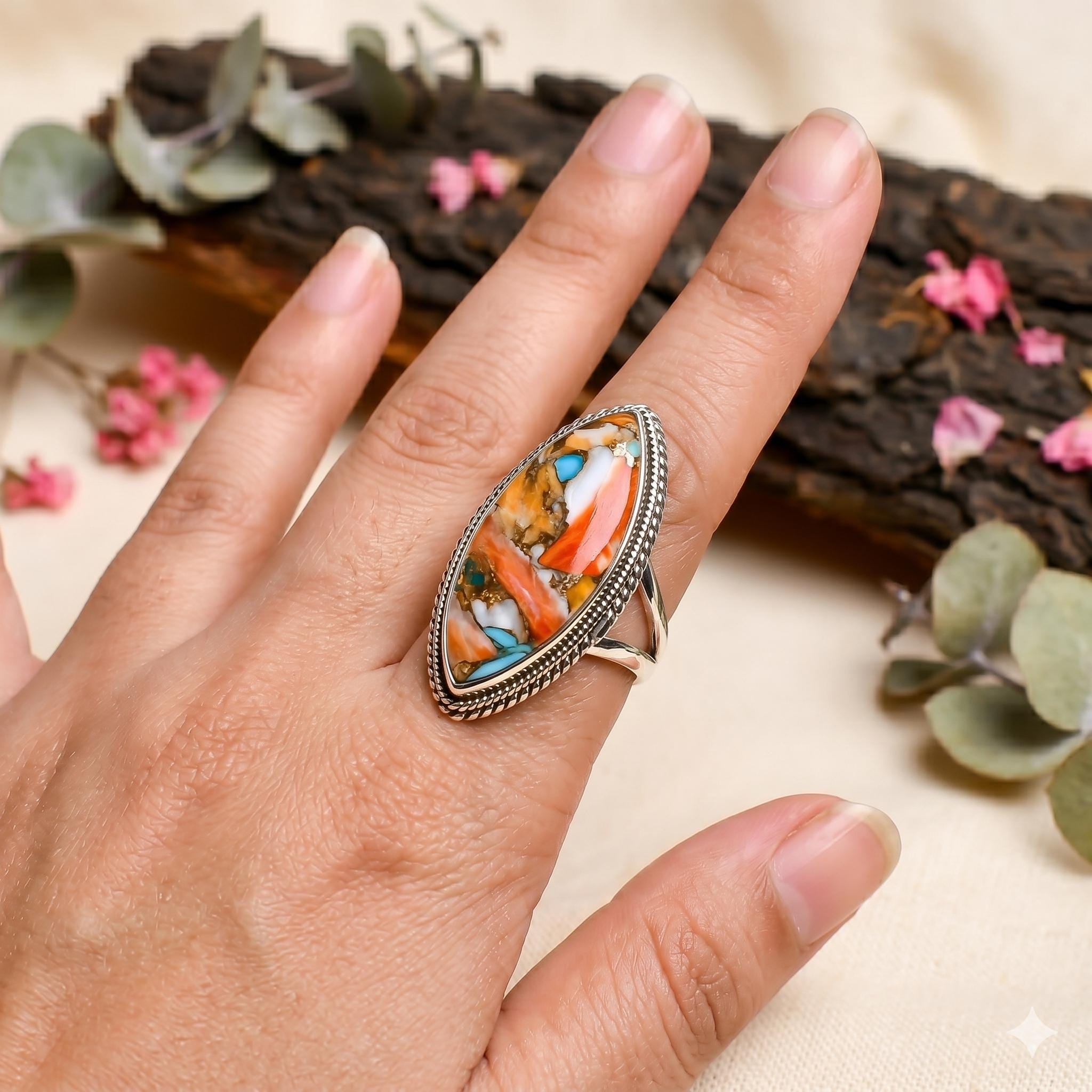 Spiny Oyster Turquoise Marquise Ring, 925 Sterling Silver Boho Statement Southwestern Jewelry