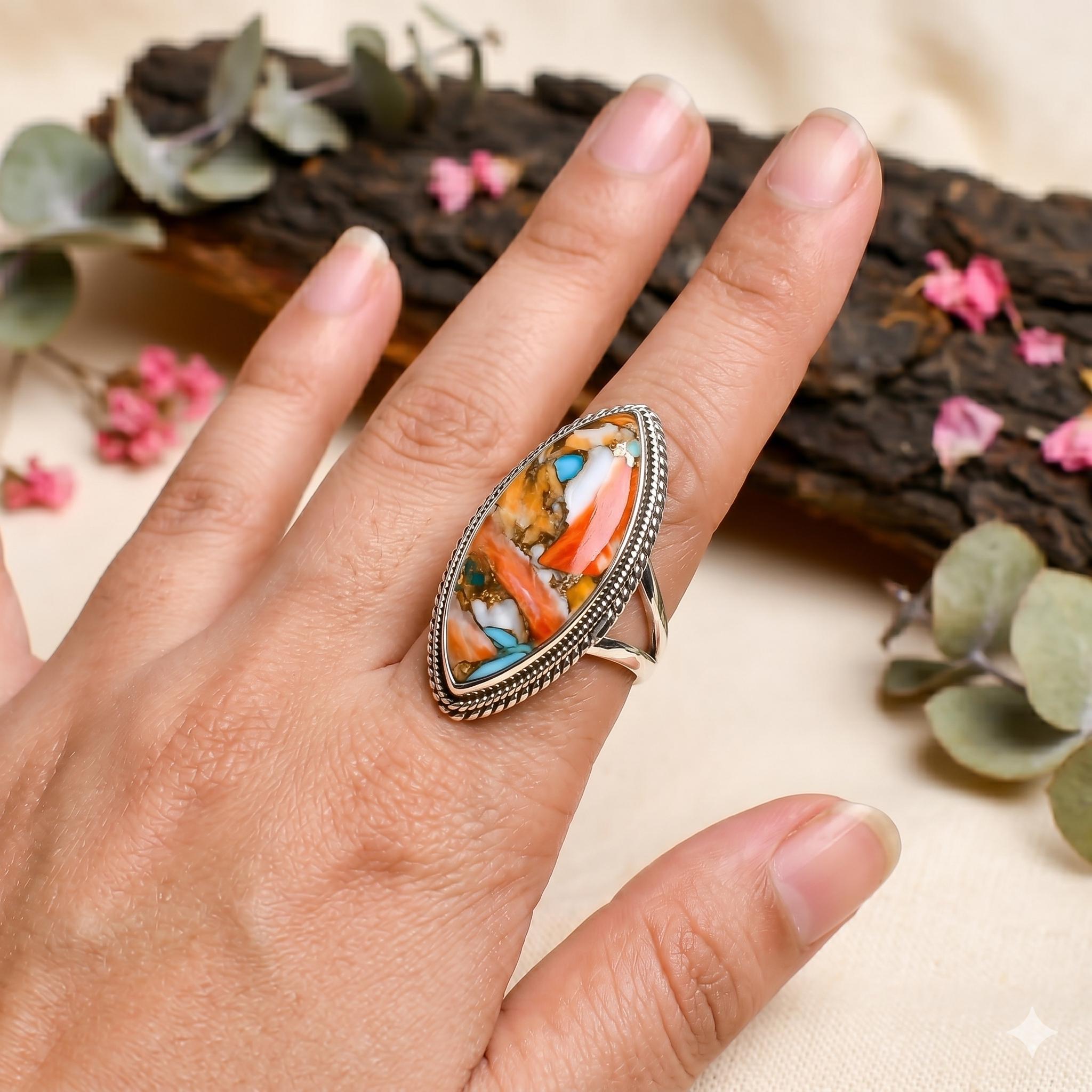 Spiny Oyster Turquoise Marquise Ring, 925 Sterling Silver Boho Statement Southwestern Jewelry