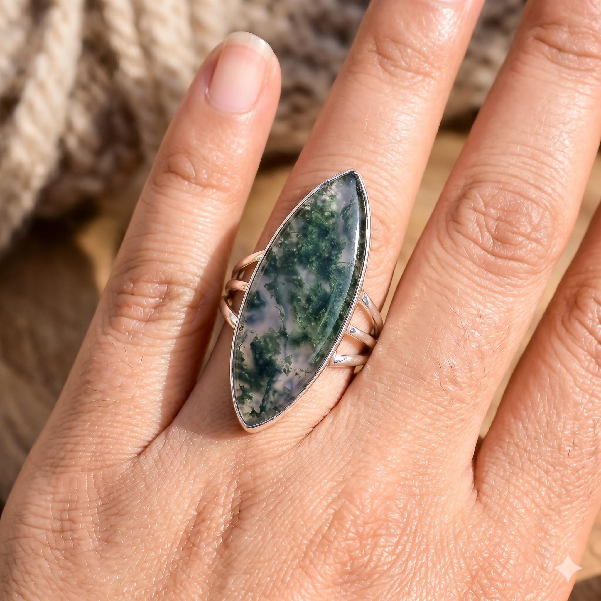 Marquise Moss Agate Sterling Silver Ring, Boho Statement Gemstone Jewelry