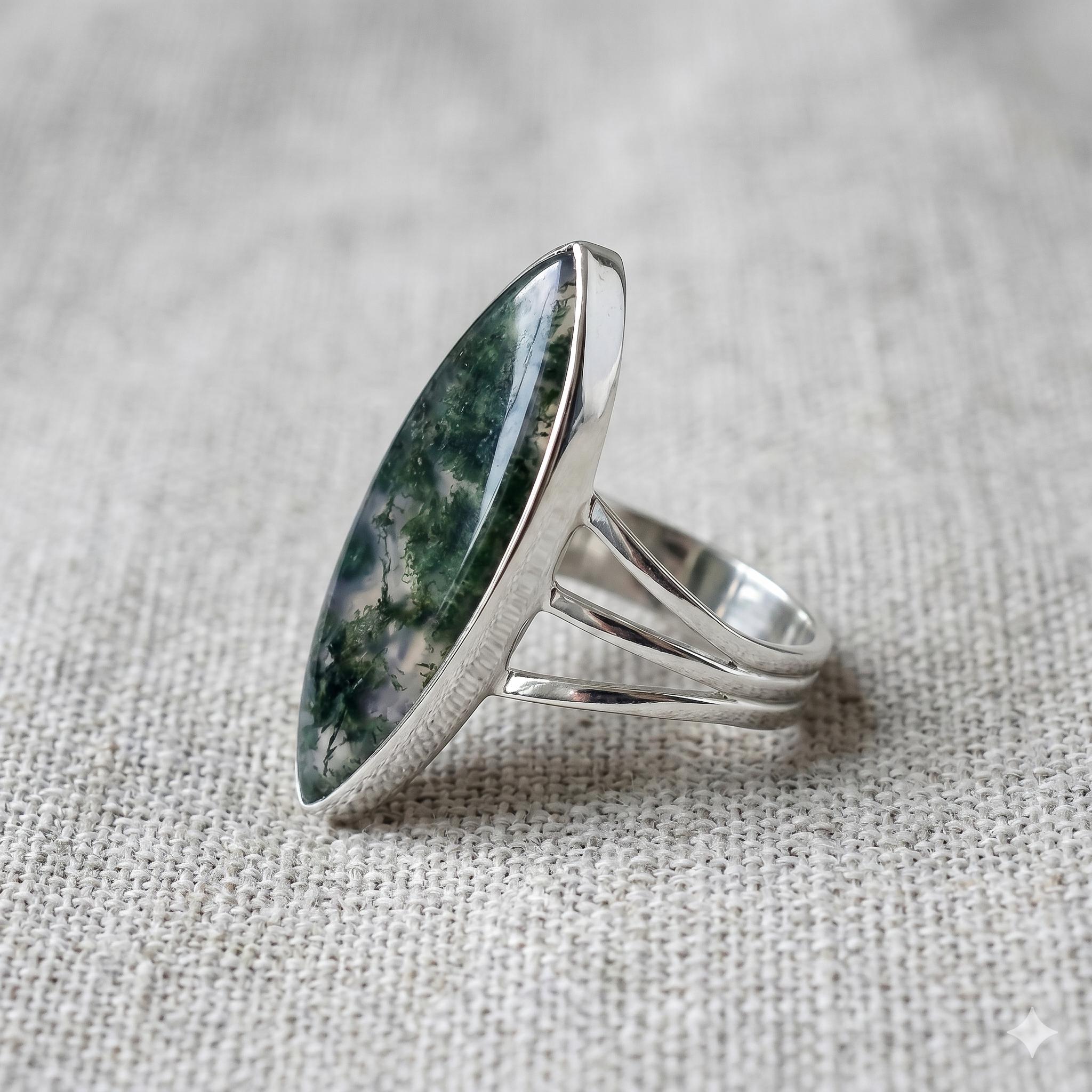 Marquise Moss Agate Sterling Silver Ring, Boho Statement Gemstone Jewelry