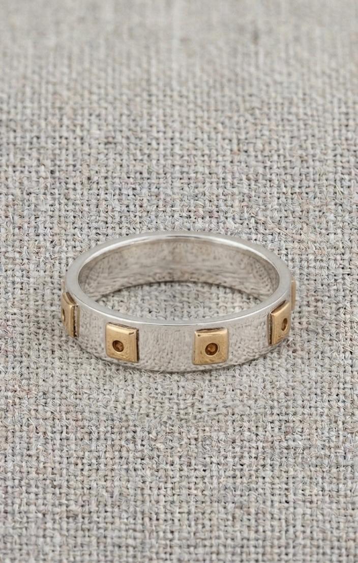 Two-Tone Sterling Silver Geometric Band Ring, Mixed Metal Square Accents, Modern Unisex Wedding Band