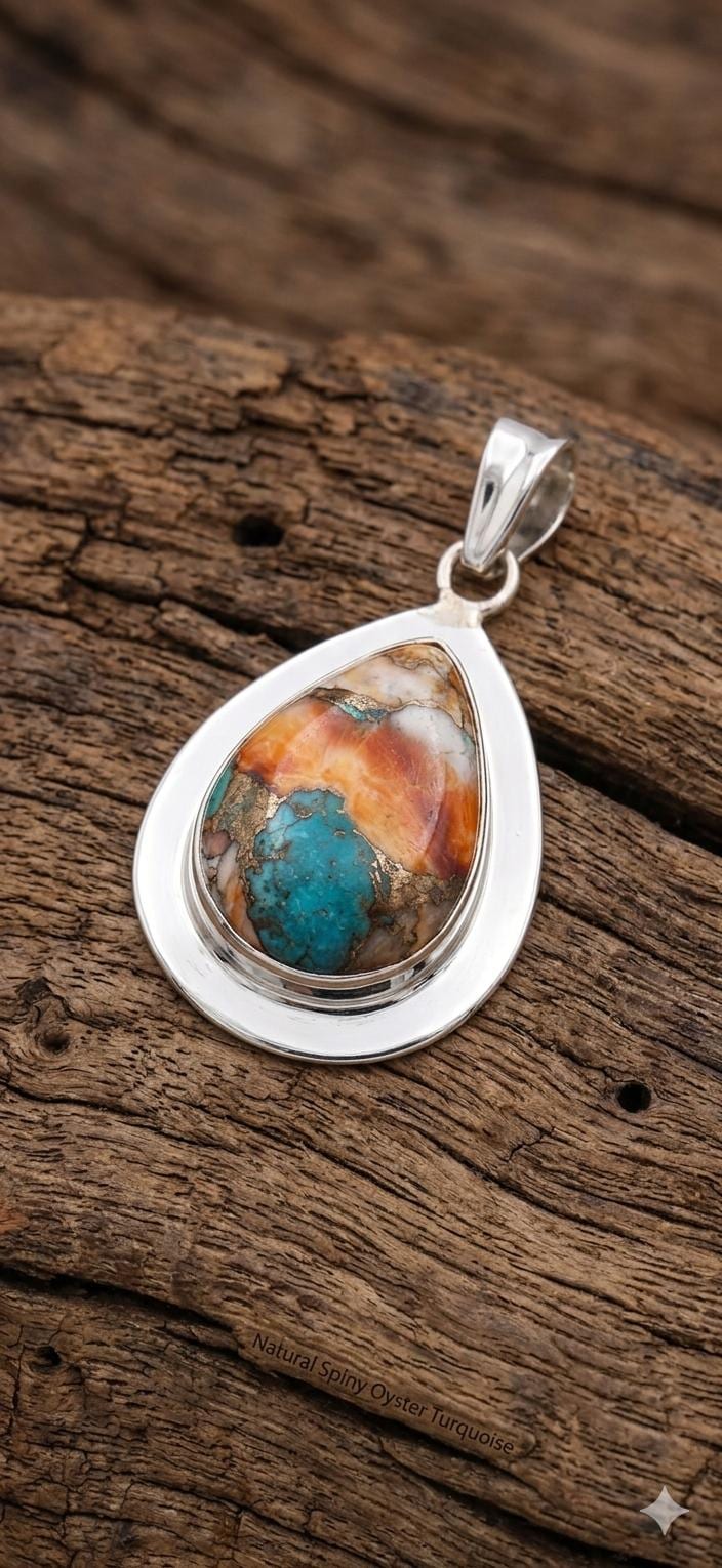 Natural Spiny Oyster Turquoise Teardrop Pendant, Sterling Silver Boho Artisan Jewelry