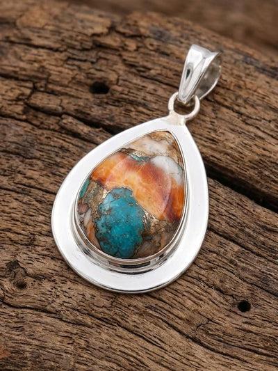 Natural Spiny Oyster Turquoise Teardrop Pendant, Sterling Silver Boho Artisan Jewelry