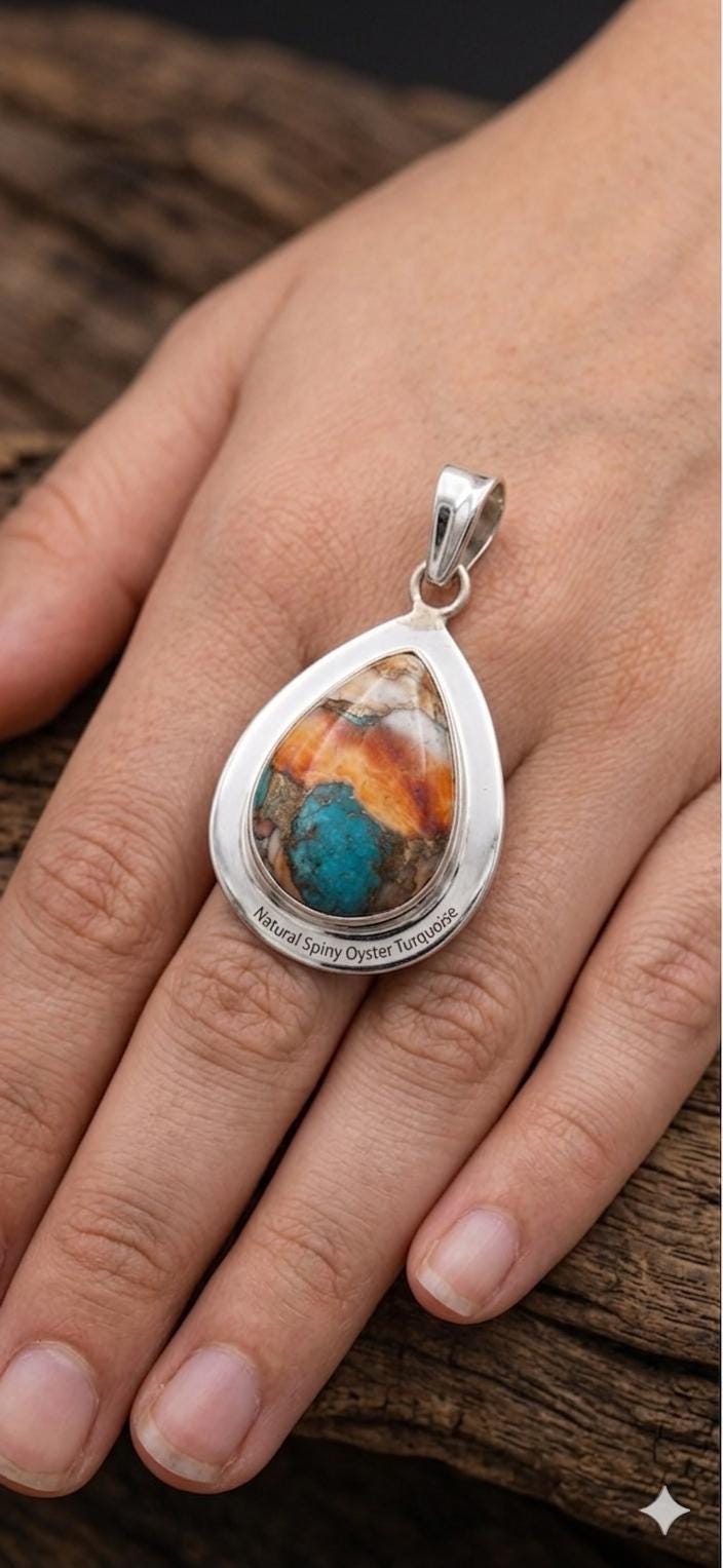 Natural Spiny Oyster Turquoise Teardrop Pendant, Sterling Silver Boho Artisan Jewelry