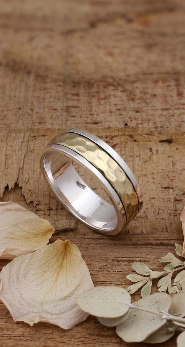 Sterling Silver Hammered Spinner Ring, Mixed Metal Meditation Band, Two-Tone Worry Ring