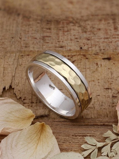Sterling Silver Hammered Spinner Ring, Mixed Metal Meditation Band, Two-Tone Worry Ring