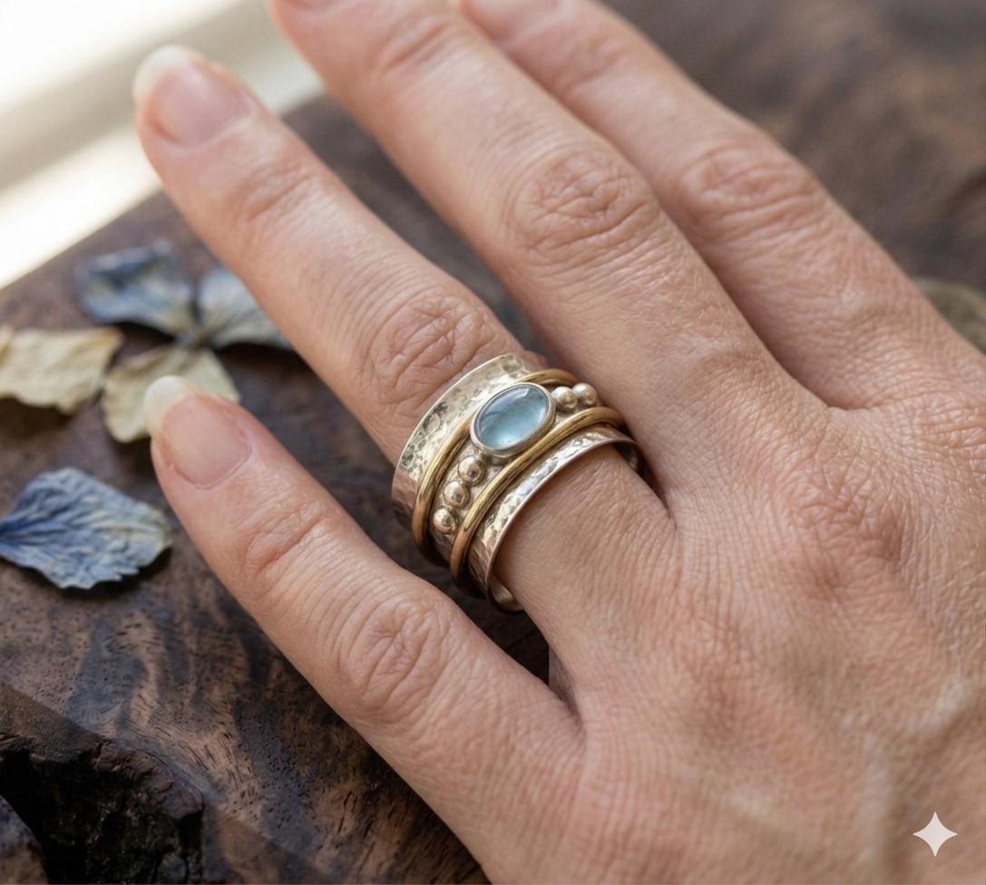 Natural Aquamarine Spinner Ring, Hammered Sterling Silver Boho Statement Jewelry