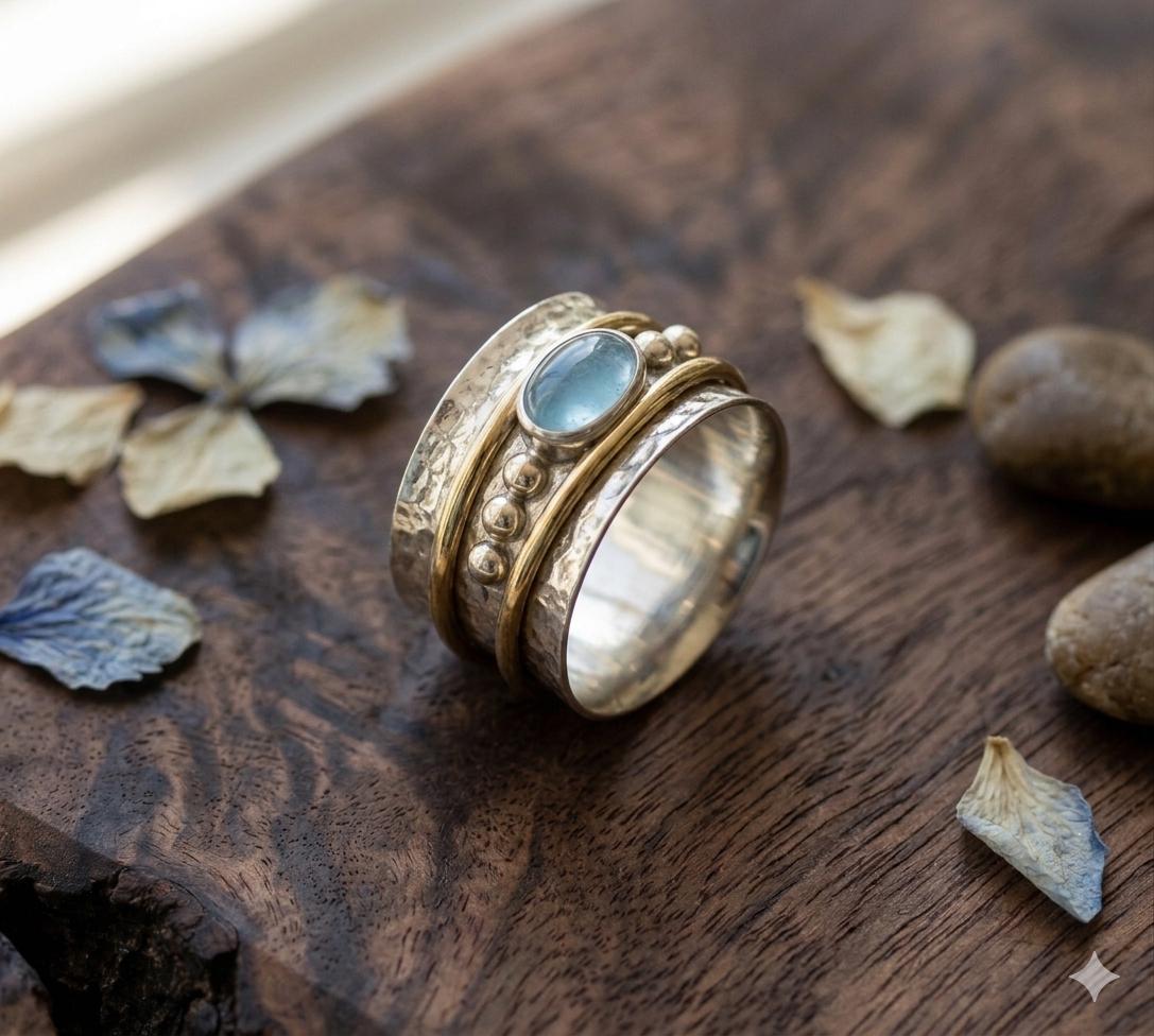 Natural Aquamarine Spinner Ring, Hammered Sterling Silver Boho Statement Jewelry