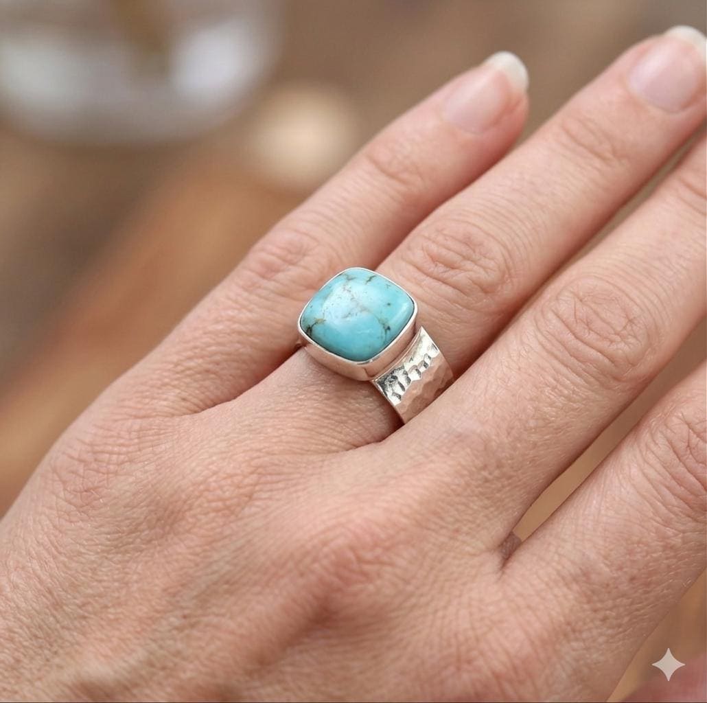 Mohave Turquoise Cushion Cut Ring, Hammered Sterling Silver Band, Boho Southwestern Jewelry