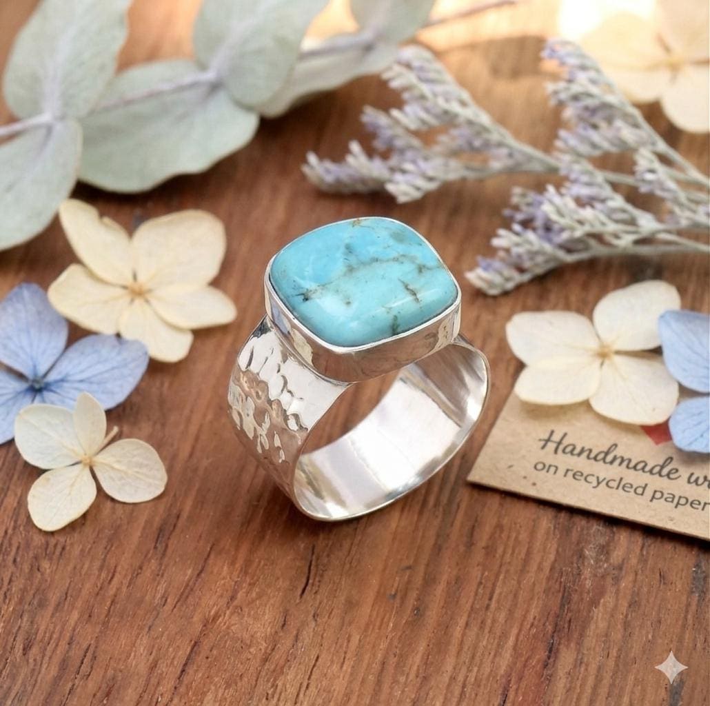 Mohave Turquoise Cushion Cut Ring, Hammered Sterling Silver Band, Boho Southwestern Jewelry