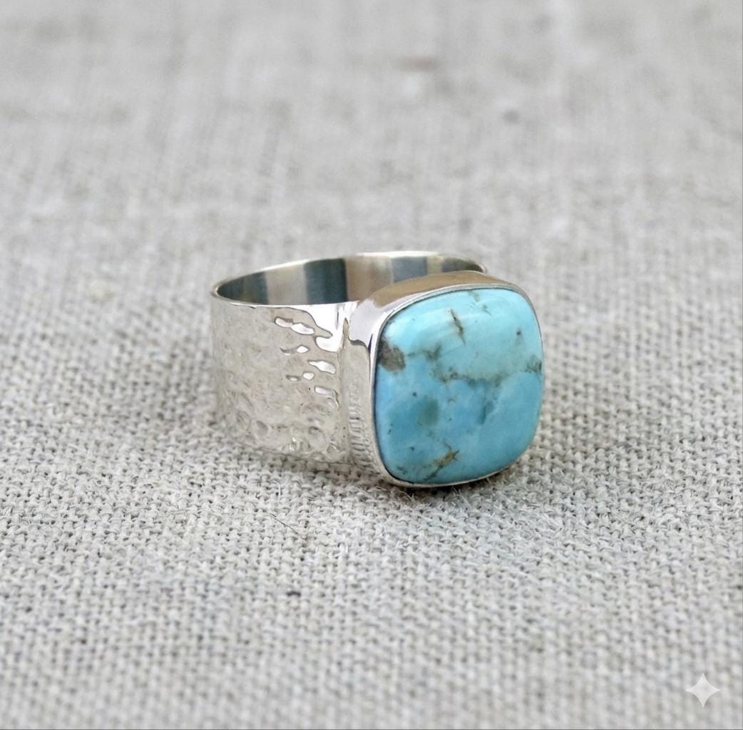 Mohave Turquoise Cushion Cut Ring, Hammered Sterling Silver Band, Boho Southwestern Jewelry