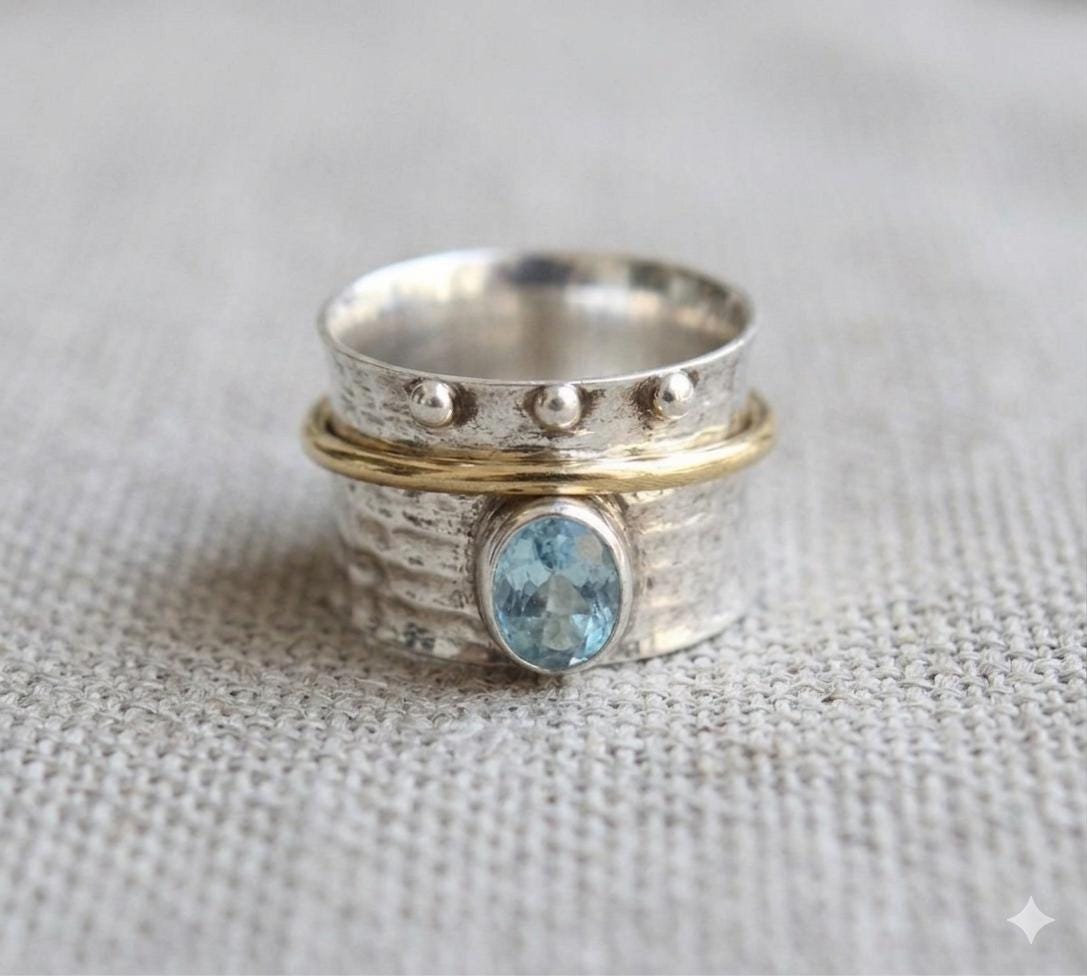 Oval Blue Topaz Spinner Ring, Hammered Sterling Silver Boho Statement Jewelry