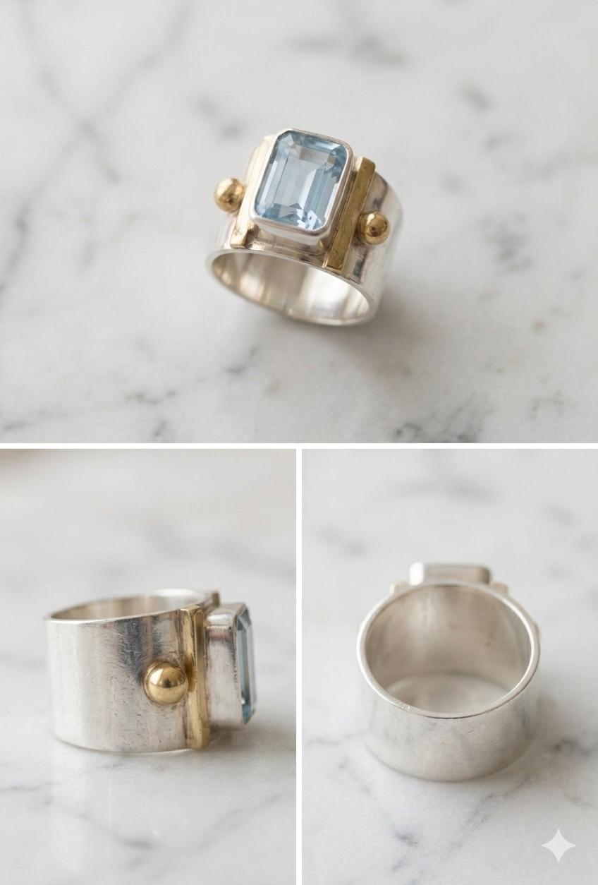 Blue Topaz Emerald Cut Spinner Ring, Two-Tone Sterling Silver Wide Band