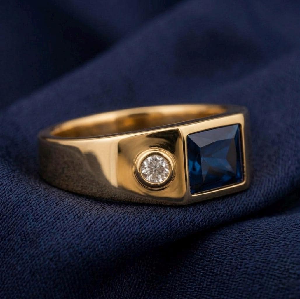 Sterling Silver Square Cut Blue Sapphire Signet Ring, Minimalist Moissanite Band