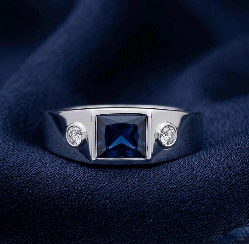 Sterling Silver Square Cut Blue Sapphire Signet Ring, Minimalist Moissanite Band